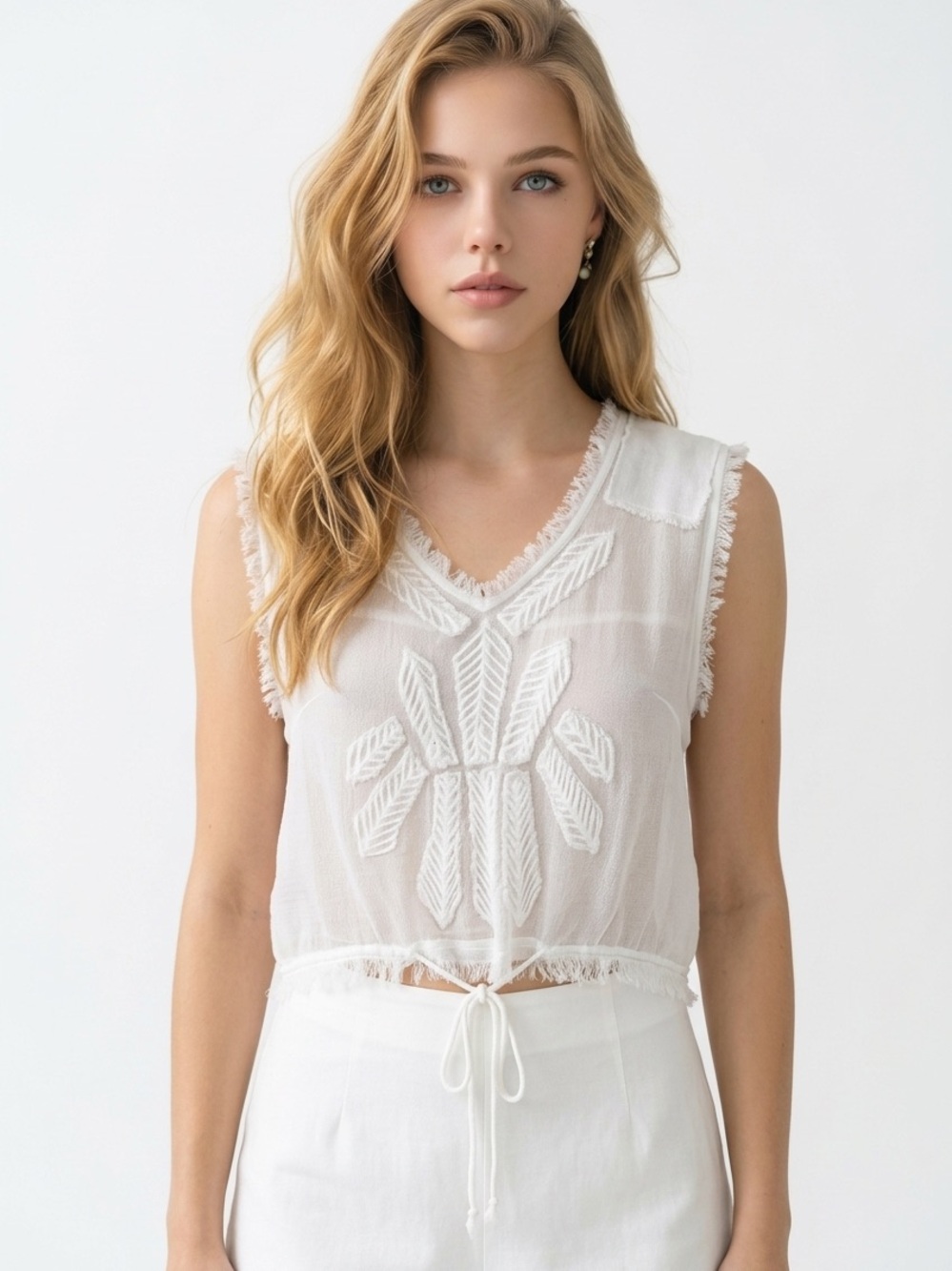 FREE PEOPLE | Sleeveless White Embroidered V-Neck Sheer Top Women’s Size Medium